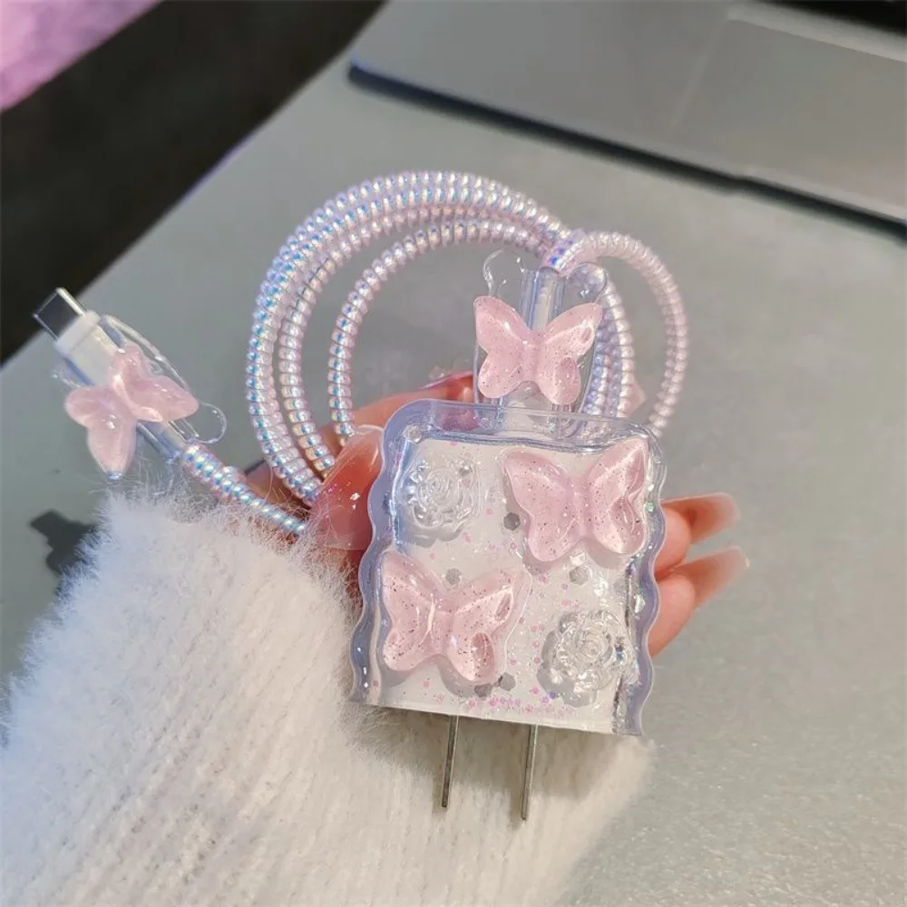 Pink Crystal Butterfly Charging Data Cable Protector Winder Accessories for iPhone 18/20w Cartoon Charger Protective Cover