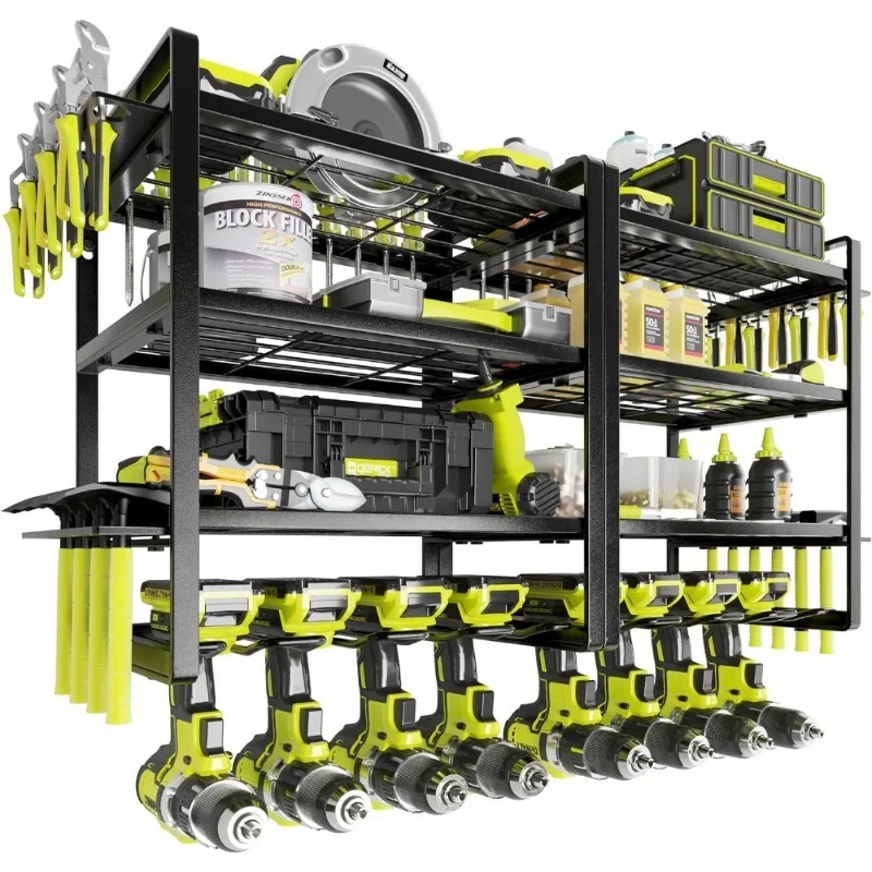 

Органайзер для электроинструментов, настенное крепление, 4-х уровневый держатель для дрели для аккумуляторных инструментов, гаражная стойка для хранения с боковыми крючками для мастерской