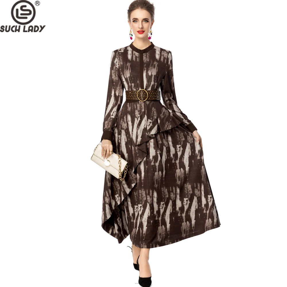 

Women's Abstract Print Long Sleeve Dress with Belted Waist Stand Collar and Asymmetrical Ruffles - Elegant Vintage Style Gown
