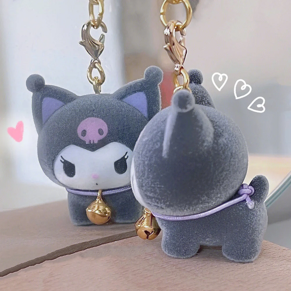 Sanrio Kuromi Flocked Pendant Keychains Kawaii Anime Keyring Cartoon Toy Pendant Decoration Schoolbag Ornaments Gift for Friends