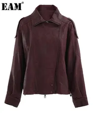 [EAM] PU Leather Wine Red Vintage Big Size Jacket New Lapel Long Sleeve Women Coat Fashion Tide Spring Autumn 2024 CP6A0015