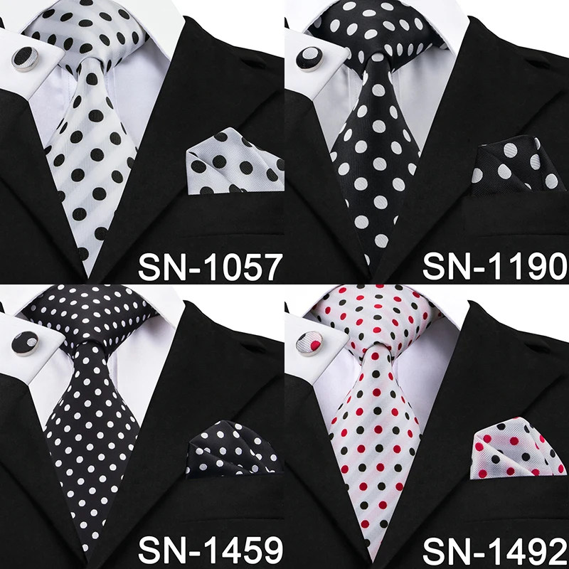 Hi-Tie Designer-Krawatten mit Punkten, 100 % Seide, für Herren, 8,5 cm breit, Business-Hochzeitskrawatten, Taschentücher, Manschettenknöpfe-Set