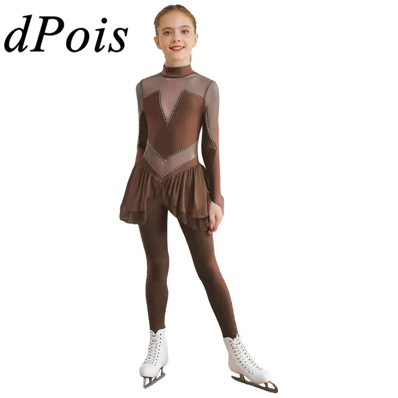 

Детский комбинезон для фигурного катания для девочек, трико для художественной гимнастики, прозрачная сетка, блестящие трико со стразами, боди для акробатики, костюм