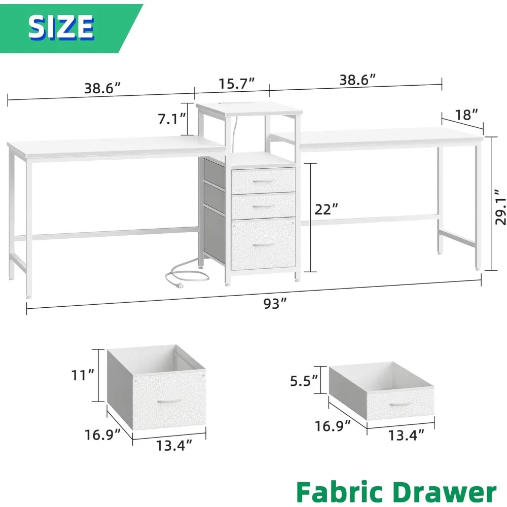 93'' Two Person Desk with Charging Station, Long Desk with 3 Drawers and Printer Shelf, Double Computer Desk, Fabric Drawers