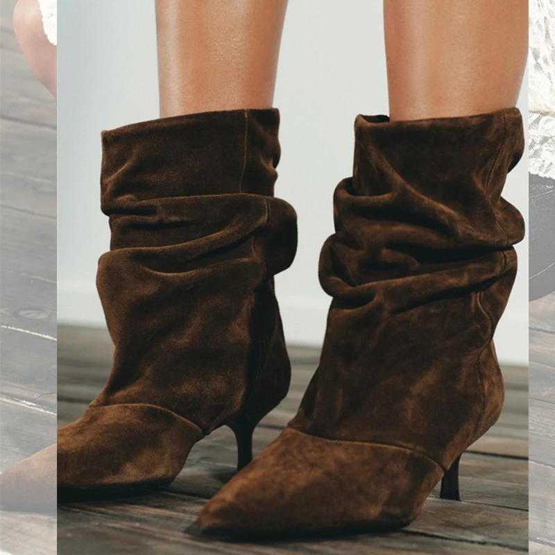 Liyke concepteur plissé sued bottines pour femmes hiver rue Vintage bout pointu mince talons bas chaussures de piste chaussons marron