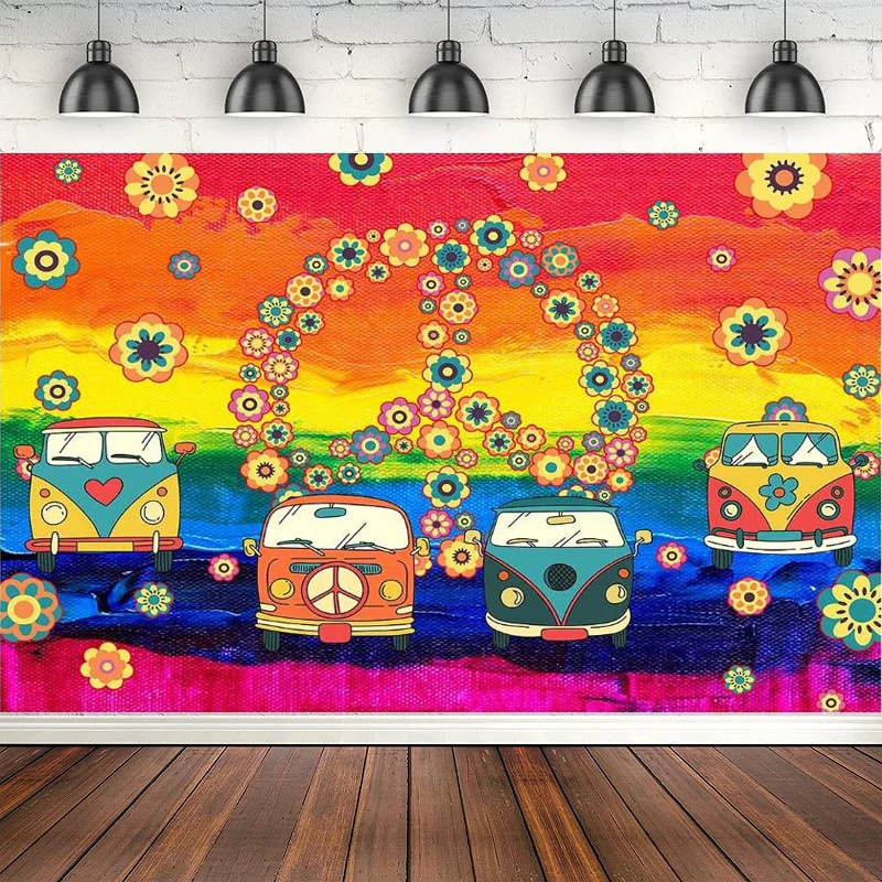 Hippie Bus Photography Backdrop Colorful Paint Car Background For Theme Party Funny Groovy Games Supplies Booth Props