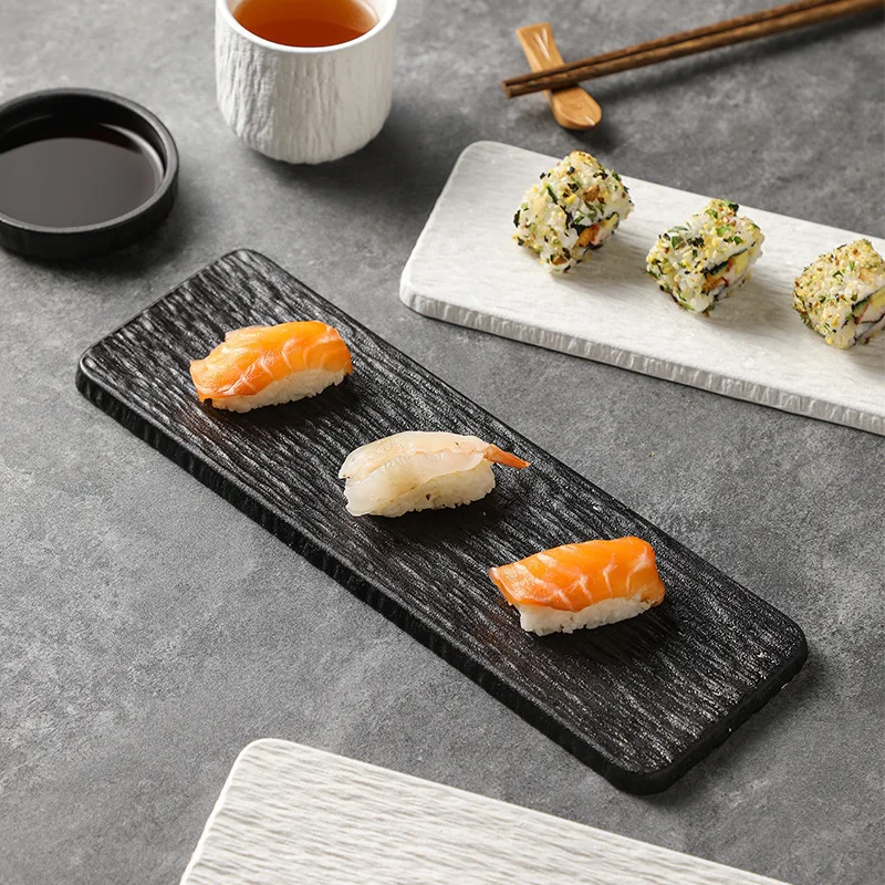 Black Slate Stone Texture Plate Japanese Sushi Dish Rectangular Serving Tray Ceramic Dinner Plate For Restaurant Home Kitchen