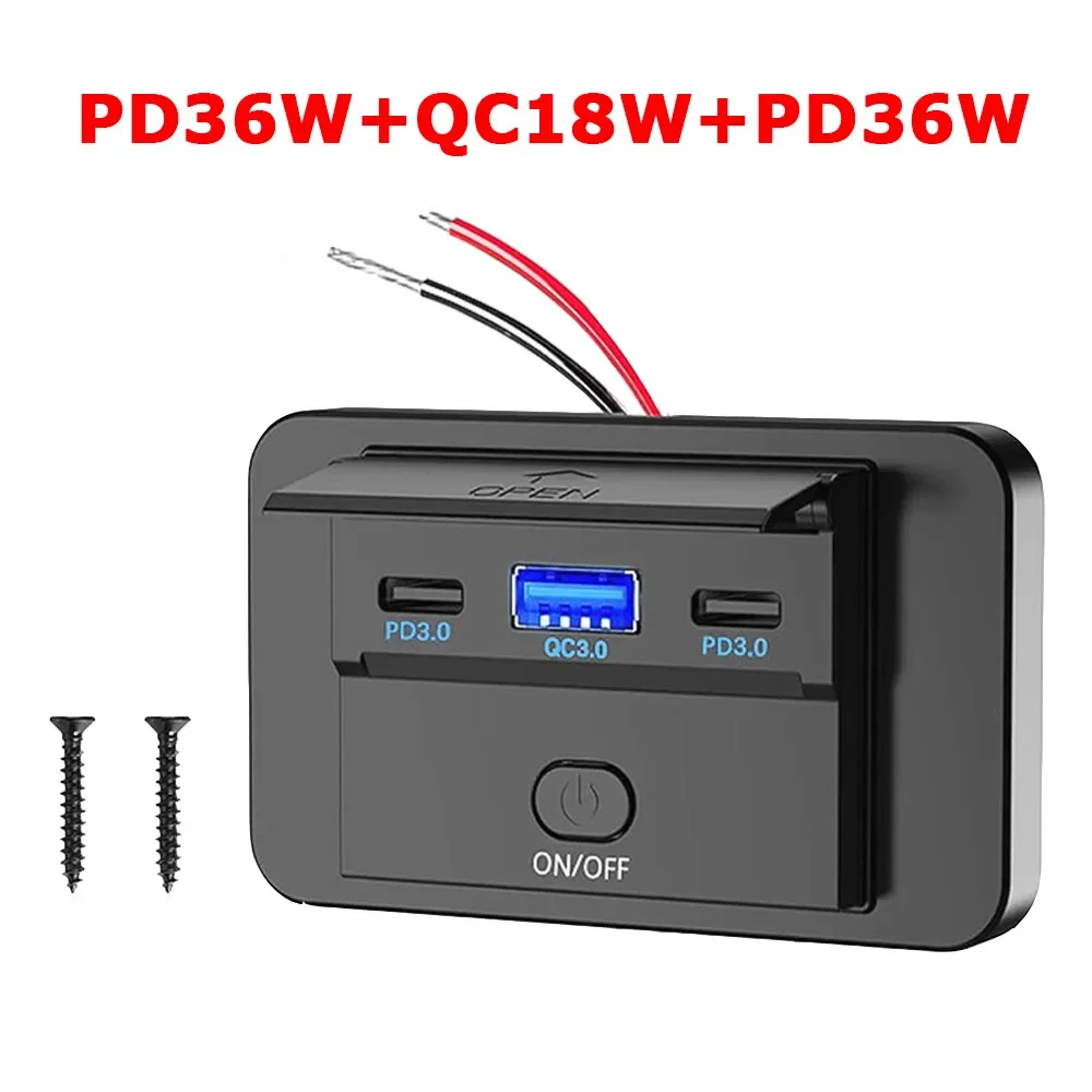 90 W 3 Ports Dual PD Autoladegerät Buchse mit EIN-AUS-Schalter 18 W QC3.0 Schnellladung für Motorrad Auto Boot ATV UTV Camper Wohnwagen