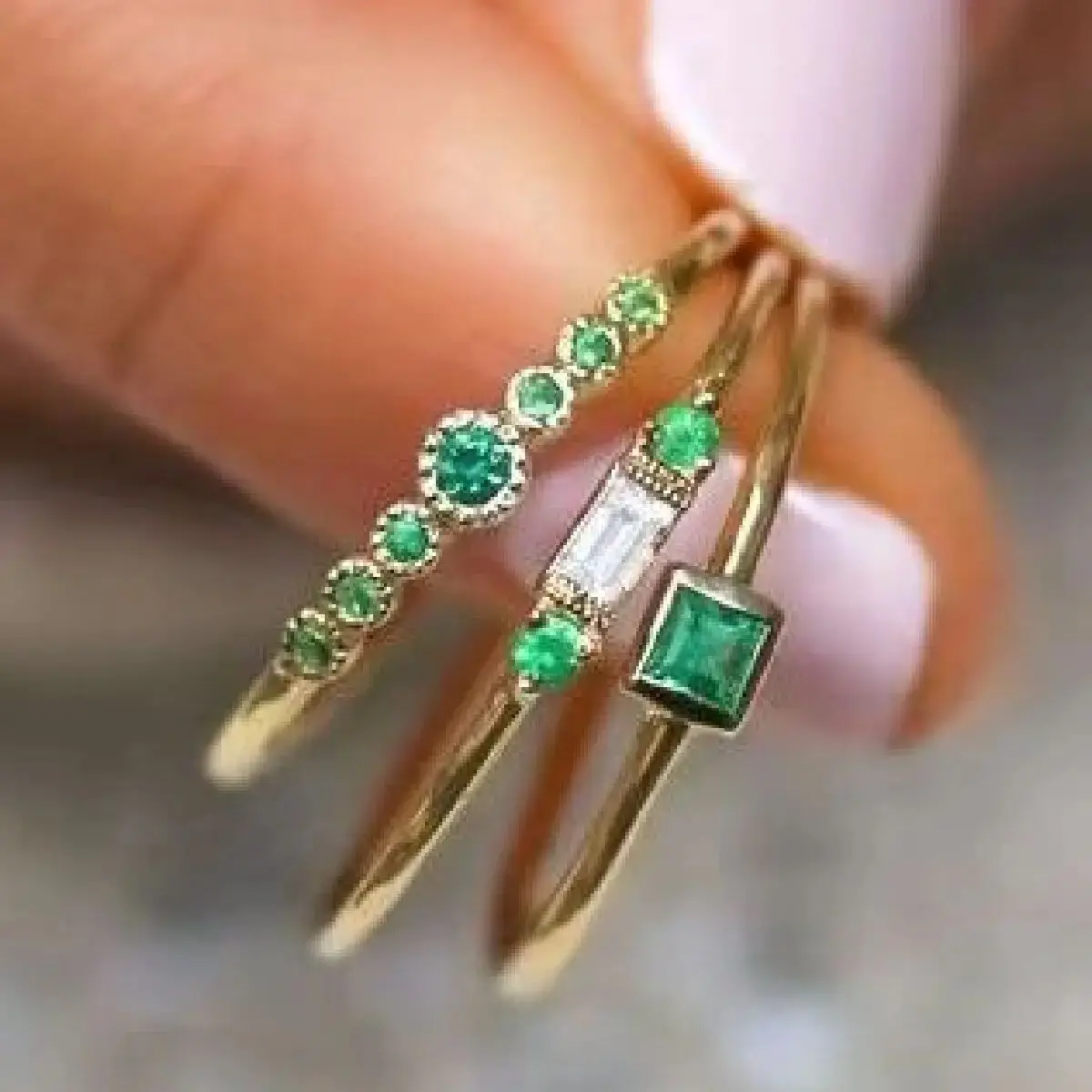 3 pçs/set vintage verde pedra preciosa clássico elegante cor de ouro cobre zircão anel feminino diário baile tamanho 6-10 anel fechado jóias
