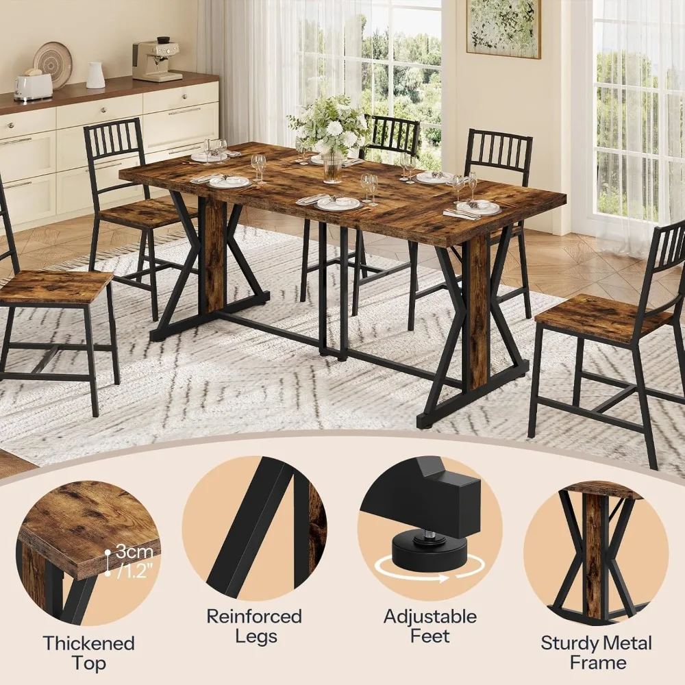 طاولة طعام، طاولة غرفة طعام للمطبخ مقاس 70.9 بوصة بإطار معدني قوي، أثاث مستطيل بأرجل شديدة التحمل وخشبية #6