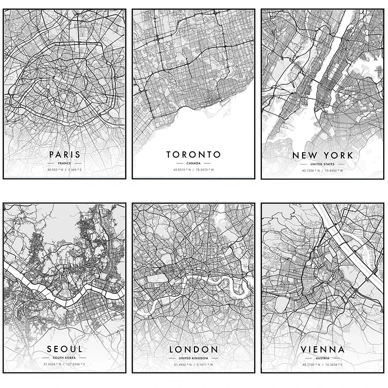 ملصق فني مطبوع بالأبيض والأسود لخريطة المدينة ، باريس ، نيويورك ، لوحة قماشية ، صورة جدارية ، غرفة المعيشة ، ديكور المنزل