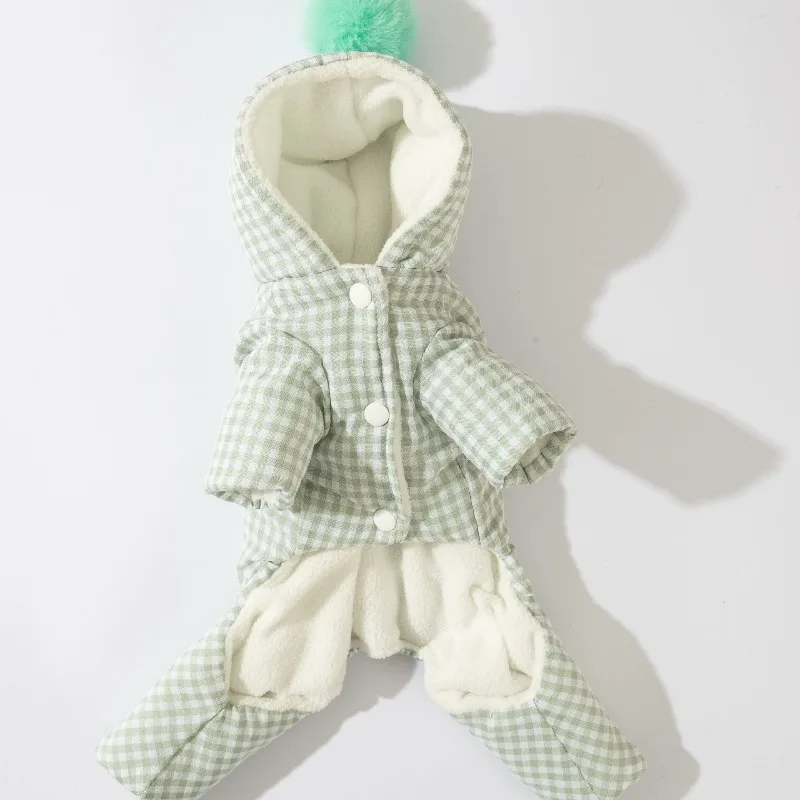 

Plaid Four Leg Pet Jumpsuit Hooded Cotton Padded Winter Warm Snowsuit With Pom Pom Tail For Small Doggies And Cats Cozy Washable
