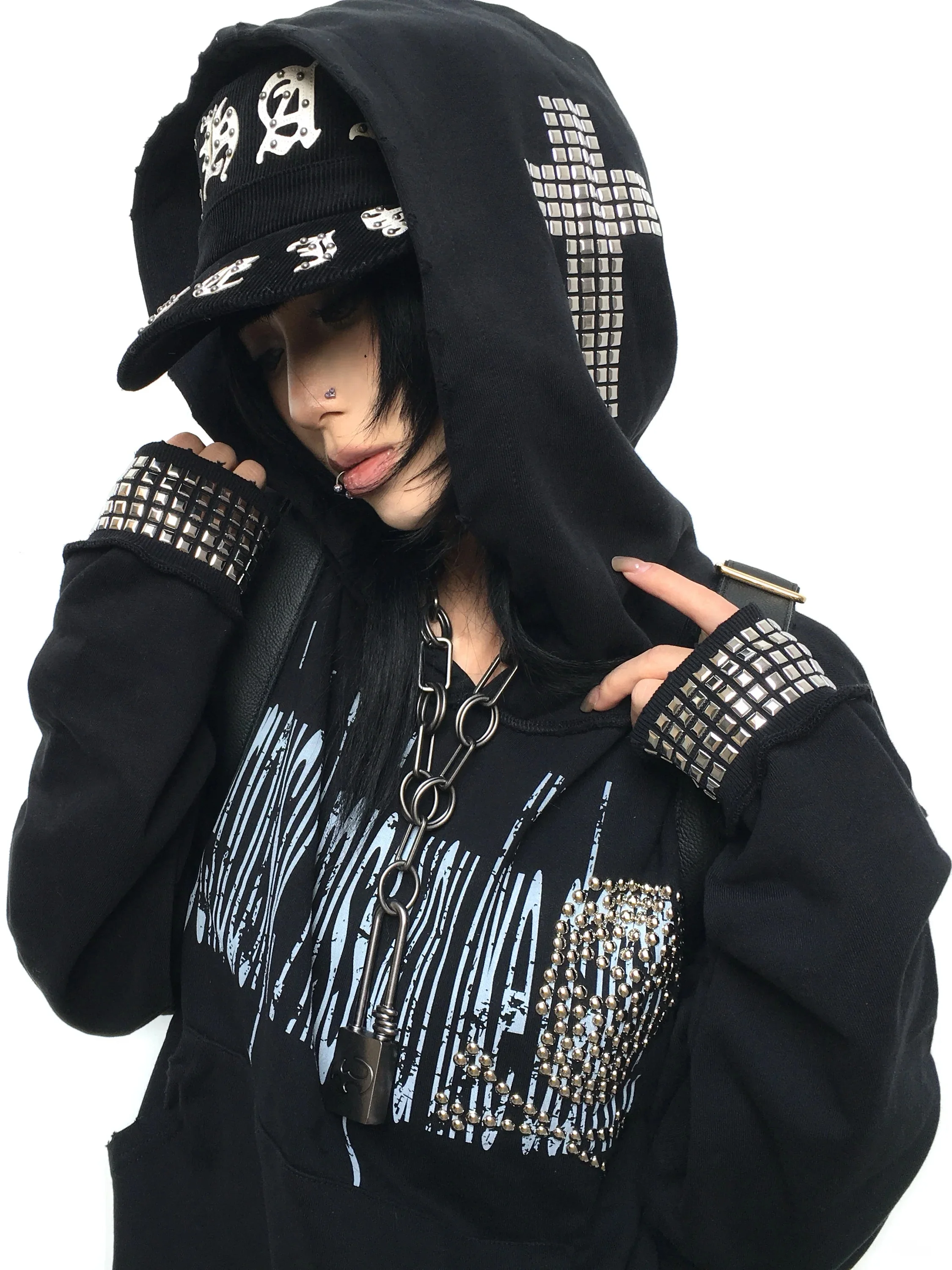 Ezwik Original Punk Rivet Subculture Vintage Skeleton Cross Visual Series Unisex Hoodie Youth Casual Long Sleeve Sweatshirt