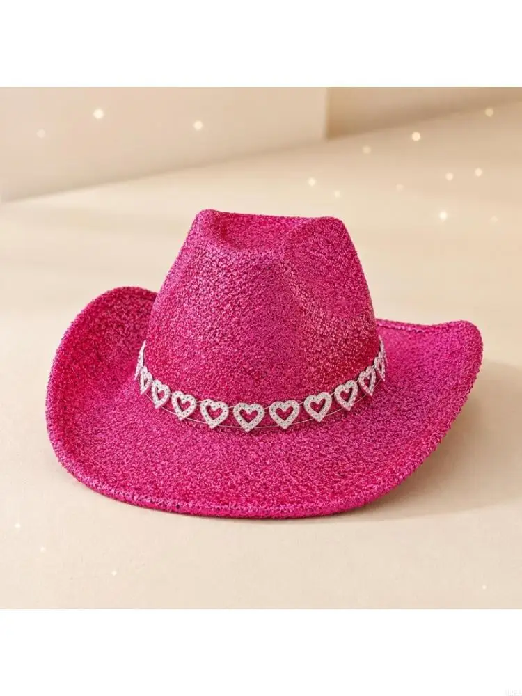 2026 New Western Hat with Glitter Powder, Hollowout Heart Trim, and Lightweight for Party Outfits and Stage Performances Styling