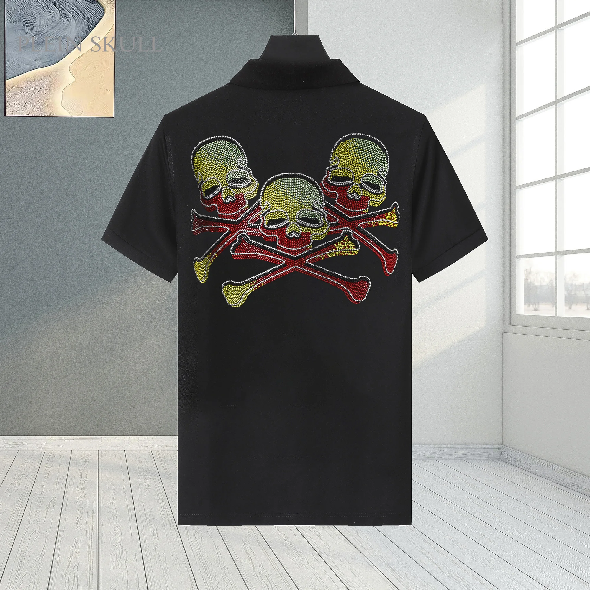 Fashion Plein Skull Men's Polo Shirt Black Pure Cotton Rhinestone Skull Back Design Punk Streetwear Luxury Soft Casual Daily Top