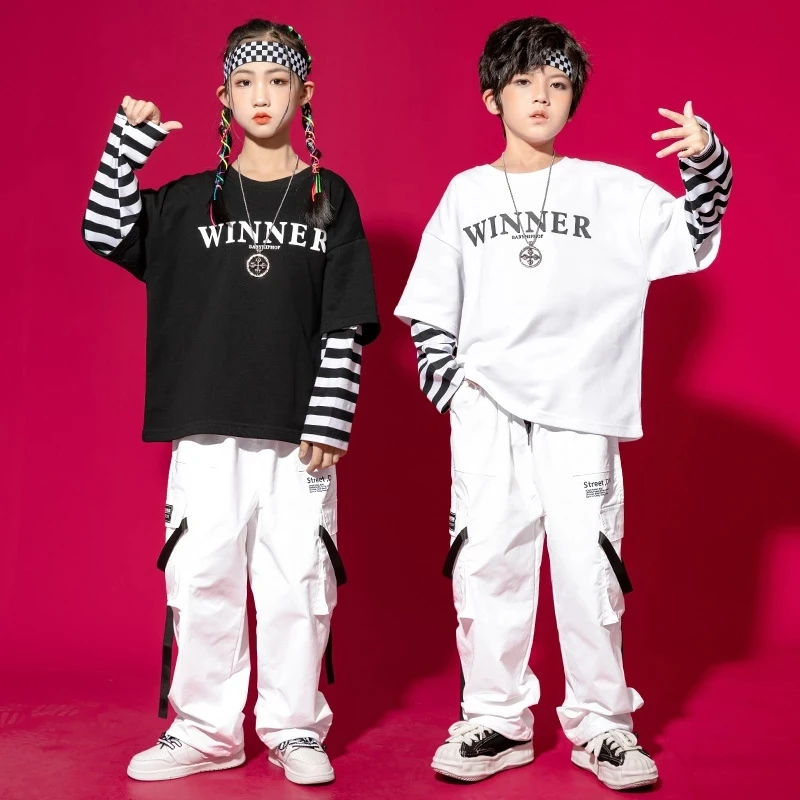 Kid Kpop Hip Hop Clothing Striped Sweatshirt Top White Streetwear Tactical Cargo Pants for Girl Boy Jazz Dance Costume Clothes