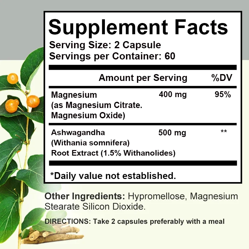 ماغنيسيوم اشواغاندا، مكمل مغنيسيوم مهدئ للبالغين |   الاسترخاء والراحة ودعم المزاج الهدئي وصحة العضلات وتخفيف التوتر