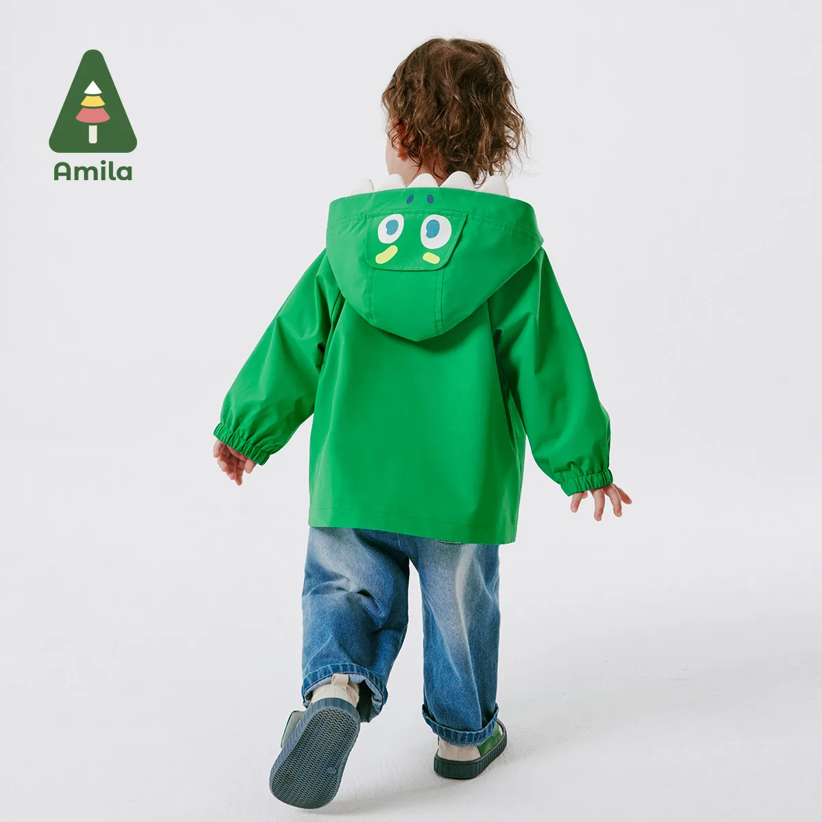 Amila Baby Boys‘ Jacket 2024 Spring New Solid Color Waterproof Breathable Cute Little Dinosaur Hooded Coat