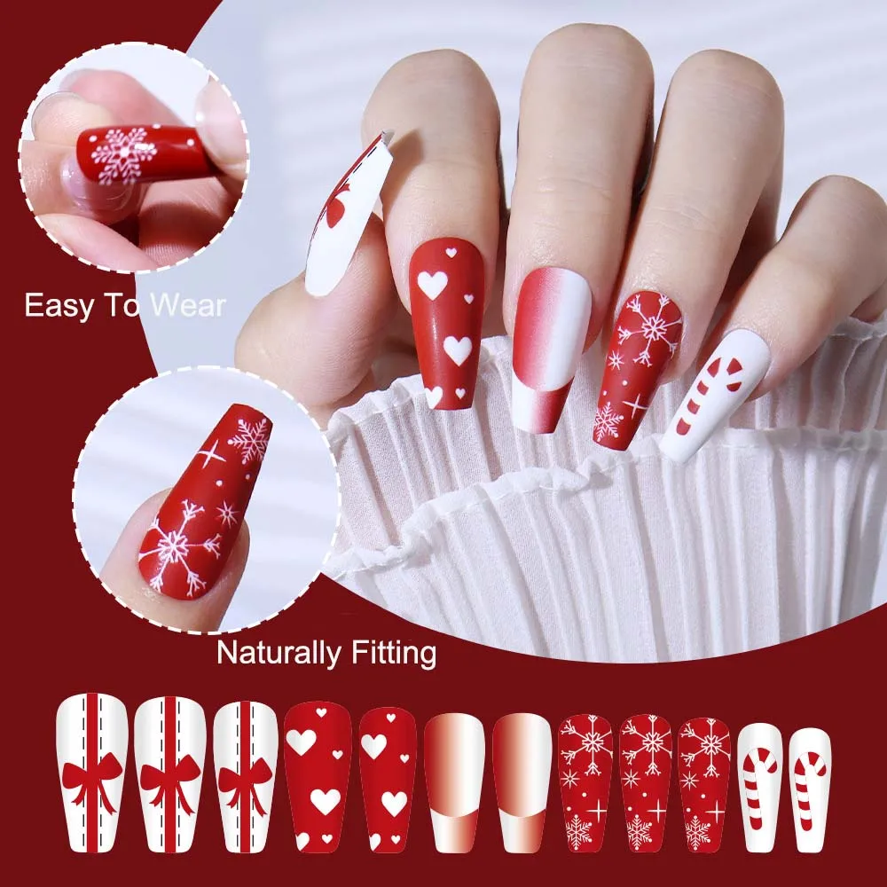 24 قطعة من الأظافر المزيفة المتوسطة الطول لحفلة عيد الميلاد، أطراف اللوز المربعة لعيد الميلاد، هدية ندفة الثلج، اضغط على مجموعة فنية للأظافر الصناعية #2