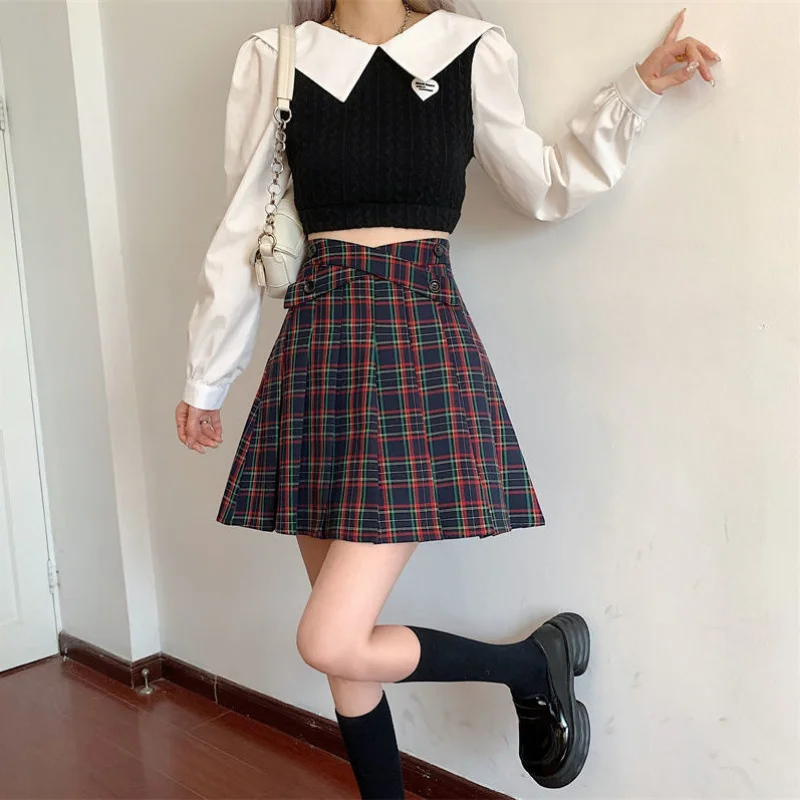 Plaid Skirts Women Pleated Summer Sweet Preppy Girlish Mini Designer Baggy Kawaii Clothes Japanese High Waisted Teens Streetwear