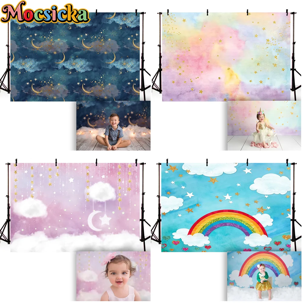 

Mocsicka Baby Shower Background Rainbow Glitter Sky Clouds Decorations Newborn Portrait Birthday Backdrop Photography Photocall