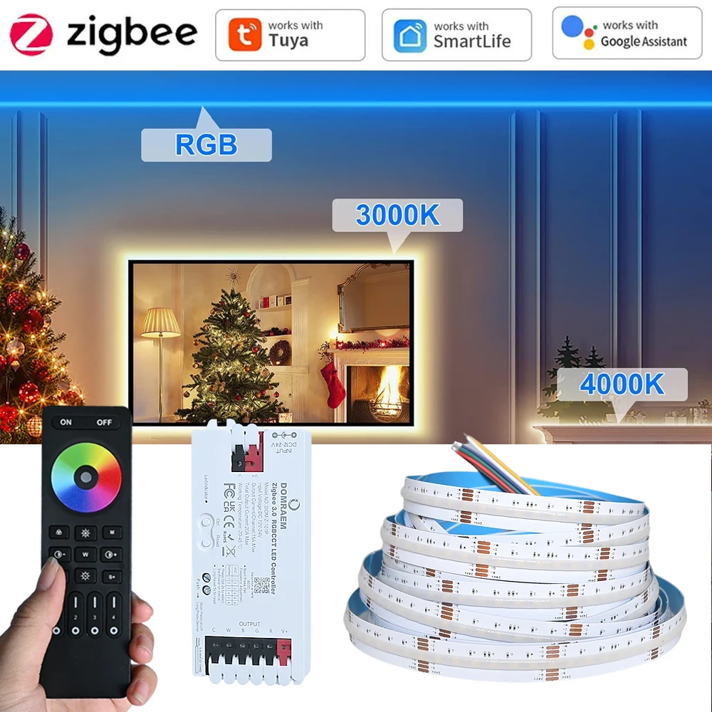 10M 20M KIT Zigbee 3.0 COB RGB+CCT LED Strip 24V RF Remote Control Dimmable Room Light f Alexa Google Assistant SmartThings Tuya
