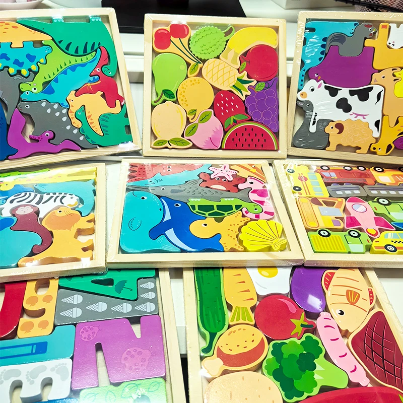 Children Montessori Wooden Toys Block Cartoon Animal Three-dimensional Jigsaw Puzzle Early Education Grab Board  3d Puzzle Toys
