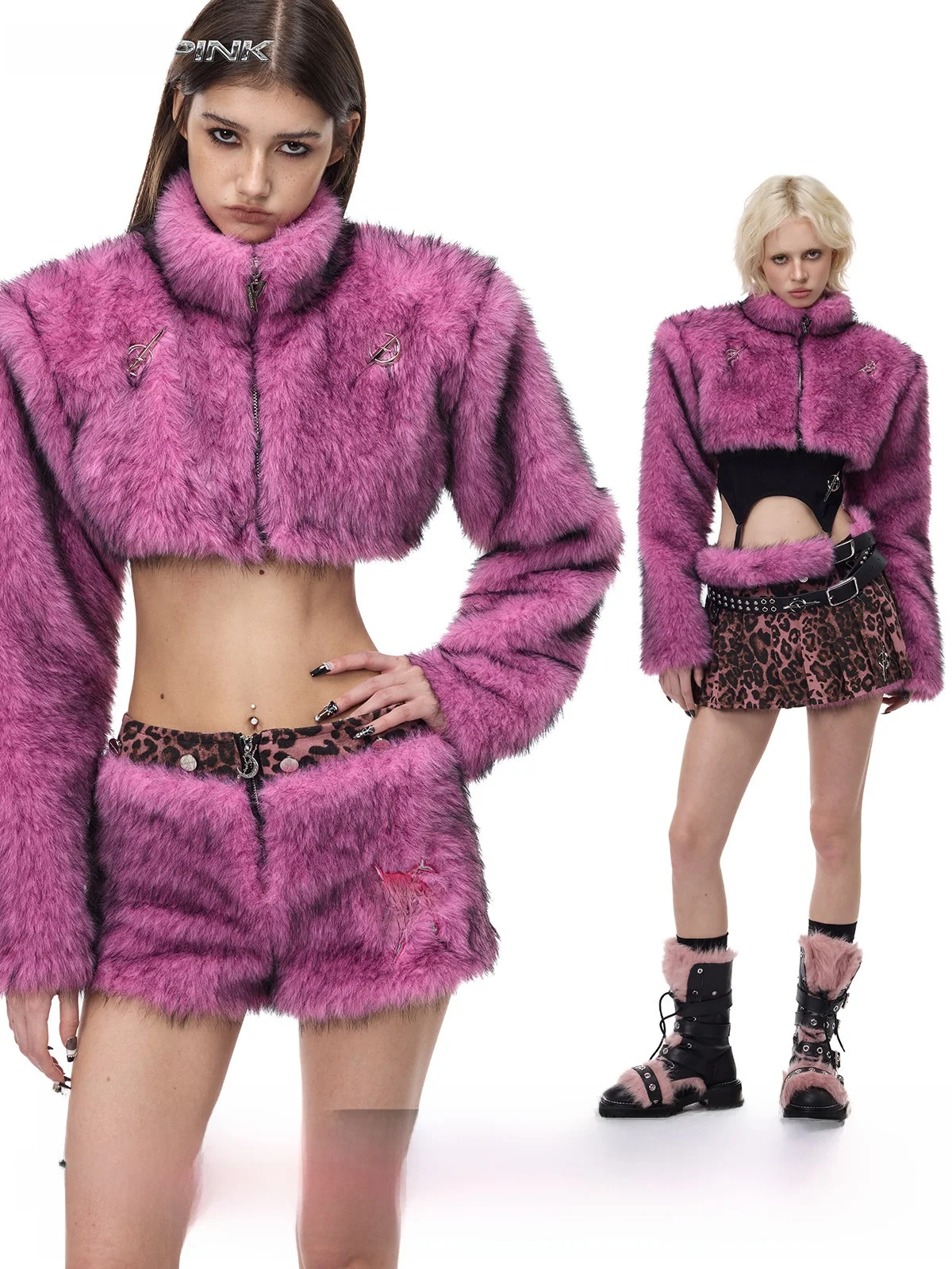 

Pinkspink26aw Оригинальная ультракороткая куртка Moon Y2K с высоким воротником, пушистая, сексуальная, для девушек, с высокой талией