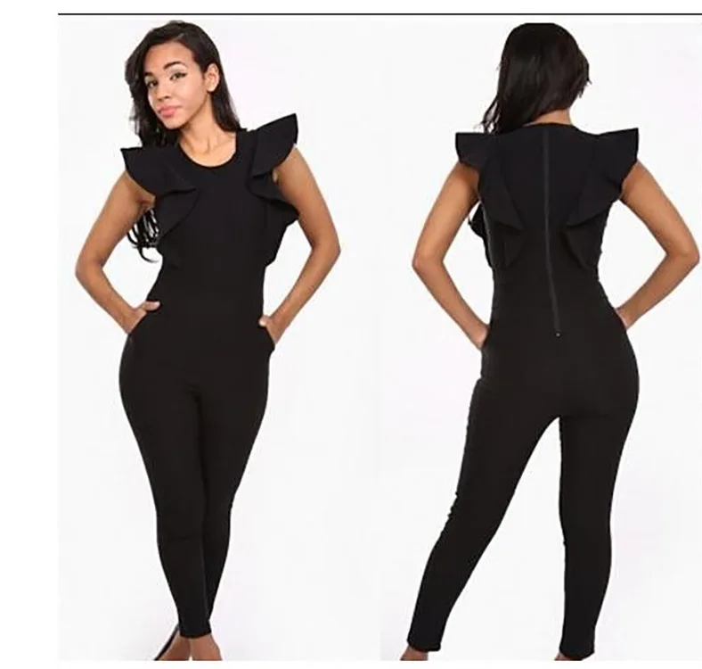 Popular AliExpress new one-piece, lotus leaf sleeves, slim-fitting solid-color bandages, tight nine-point jumpsuits