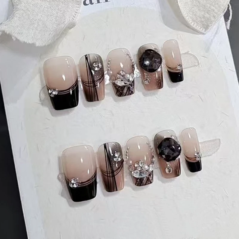 10Pcs Handmade Nails Short Ladder Black Diamond Secret Full Coverage False Nail for Women&Girls Detachable Wearable Nail