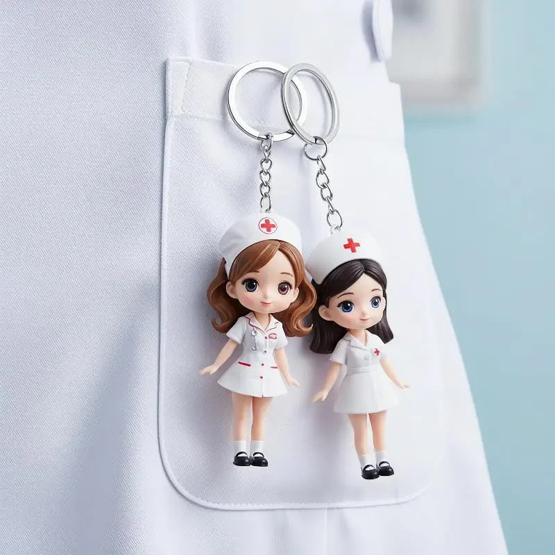 1Pcs 2D Flat Acrylic Cartoon Doctor Nurse Keychain Cute Figurine Pendant
