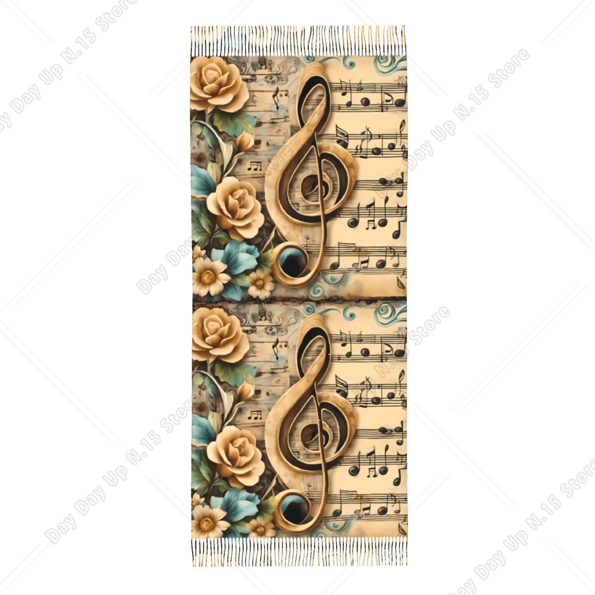 Vintage Wood Texture Treble Clef Rose Shawl Musical Note Printed Soft Long Scarf Gift for Musicians