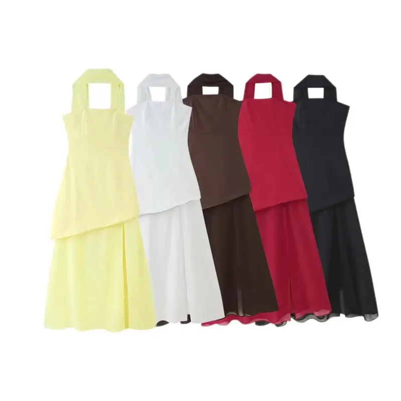 Robe de plage rétro pour femmes, mode maille épissage, robe fendue élégante, tempérament européen et américain, sans manches