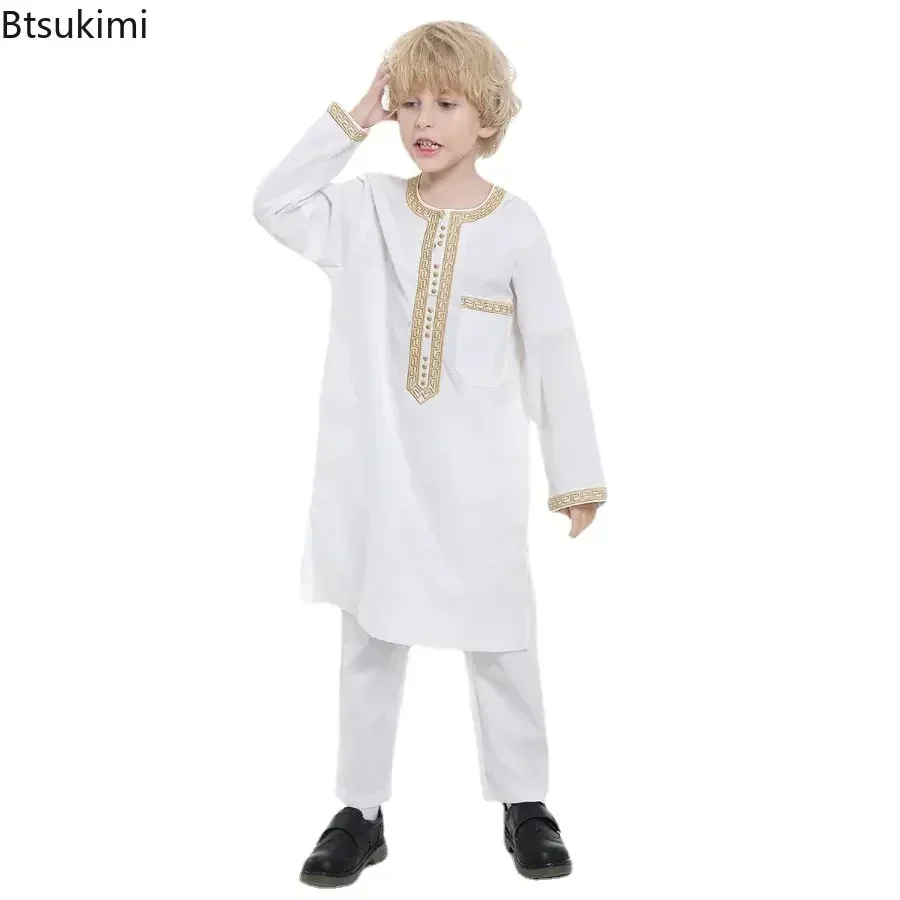 

2026 Middle East Kids Clothes Saudi Arabia Robe Muslim Boy Jubba Thobe 2 Piece Sets Islamic Clothing Children Party Abaya Kaftan