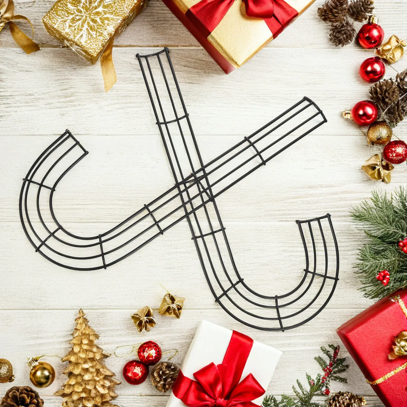 2Pcs Wire Wreath Frame Candy Cane Style Iron Floral Wreath Form J-Shaped Metal Ring for Holiday Crafts Xmas Door Wall Window