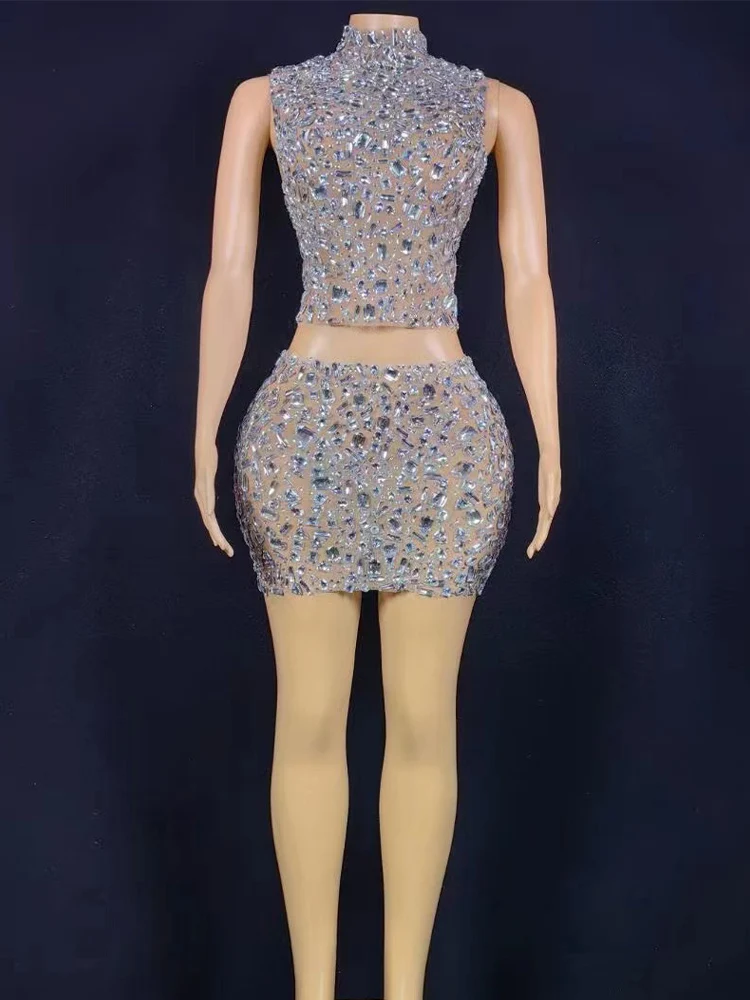 

High Quality Rhinestone Elastic Short Top+Skirt Two-Piece Set 2024 New Fashionable Custom Women'S Clothing