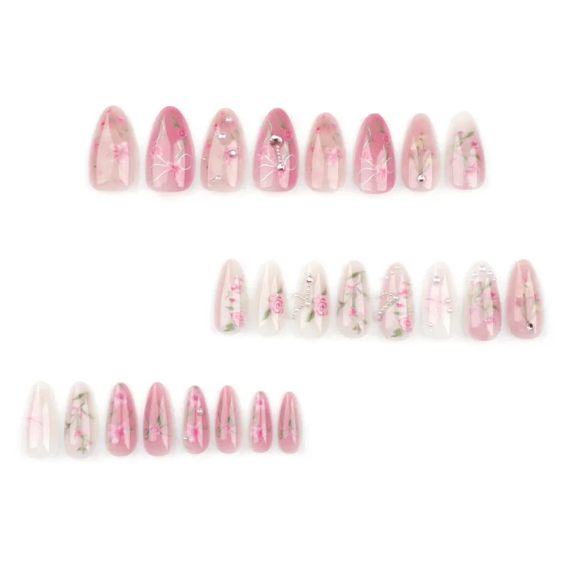 24pcs Summer Sweet Pink Roses Flower Medium Long Almond Nail Art Nails Set Press on Acyrlic Fake Nails Set Nail Tips with Charms