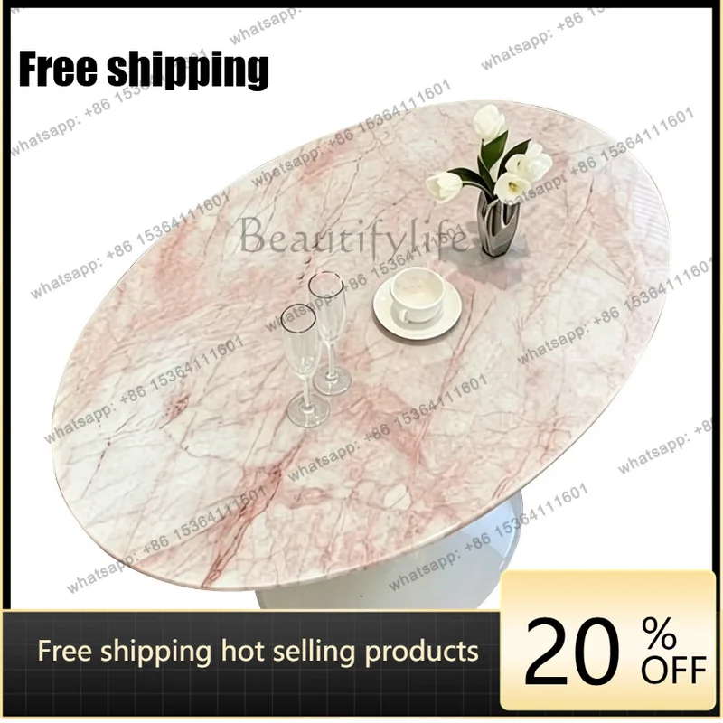 YJ French pink luxury stone oval dining table medieval cream style marble dining table