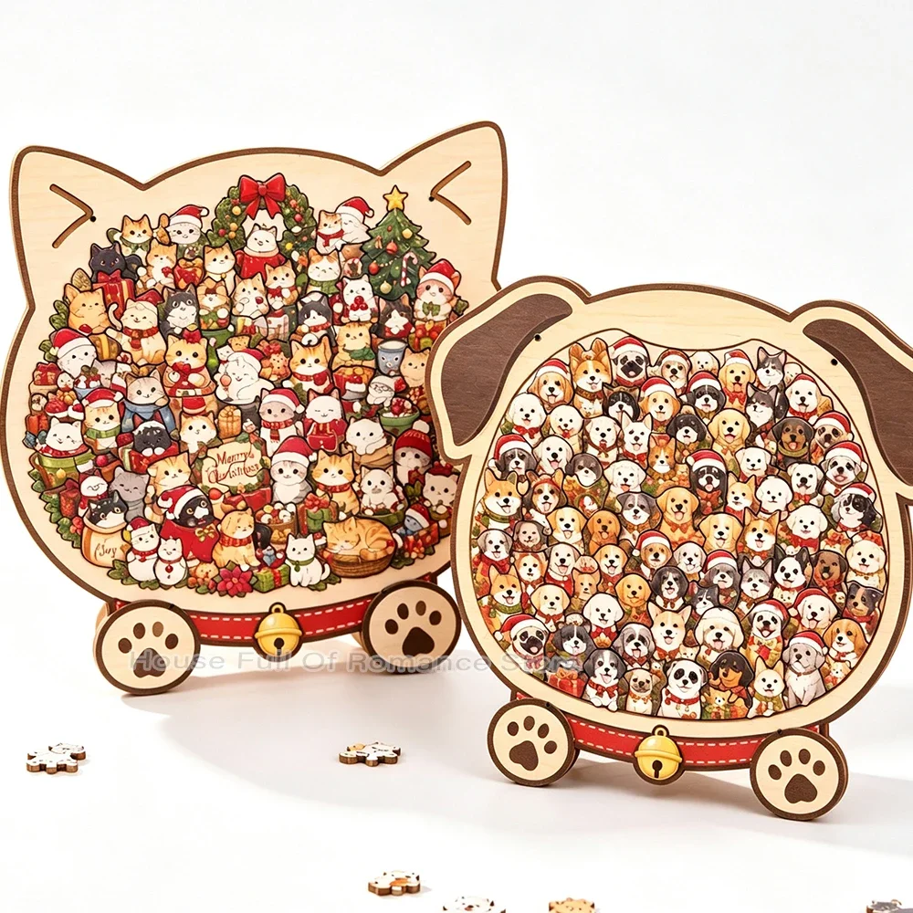 Animal Shaped Christmas Wooden Jigsaw Puzzle with Stand Cute Cat Dog Deer Stress Relief Puzzles Xmas Party Decor Ornament Gift