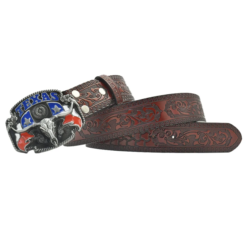 Fashion Retro Men Leather Belt Alloy Cow Eagle Star Buckle Red Brown Black Coffee Flower Pattern Versatile Jeans Causal Pants