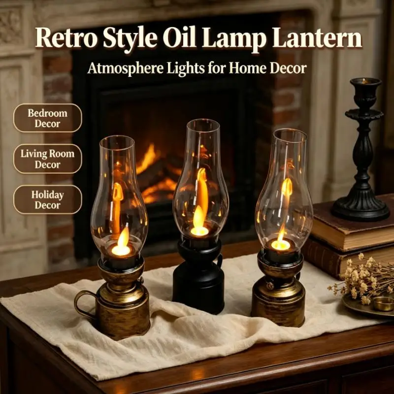 Vintage Retro Brass Oil Lamp Lantern, Battery Led Flame Effect Home Bedroom Living Room Atmosphere Decor