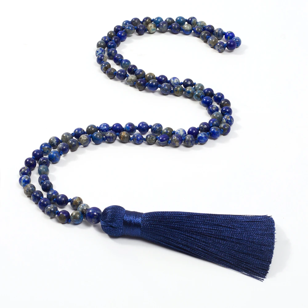 6mm Natural Lapis Lazuli Knotted 108 Mala Bead Necklace Meditation Prayer Rosary Japamala Jewelry for Men and Women