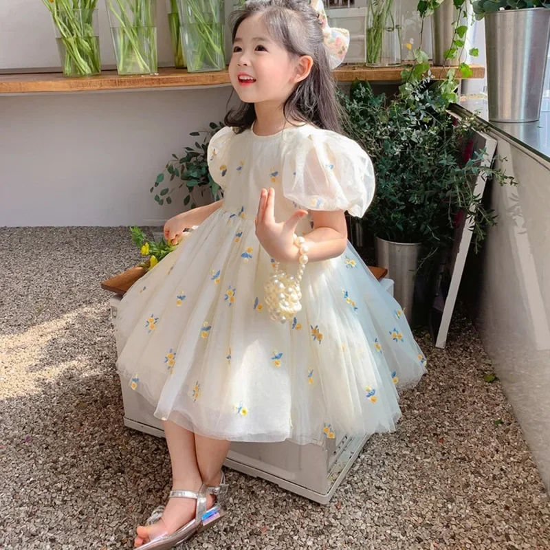 

Summer Girls Flower Mesh Princess Dress Kids Cute Puff Short Sleeve Dresses for Girls Korean Clothing Children Dress For 1-6T