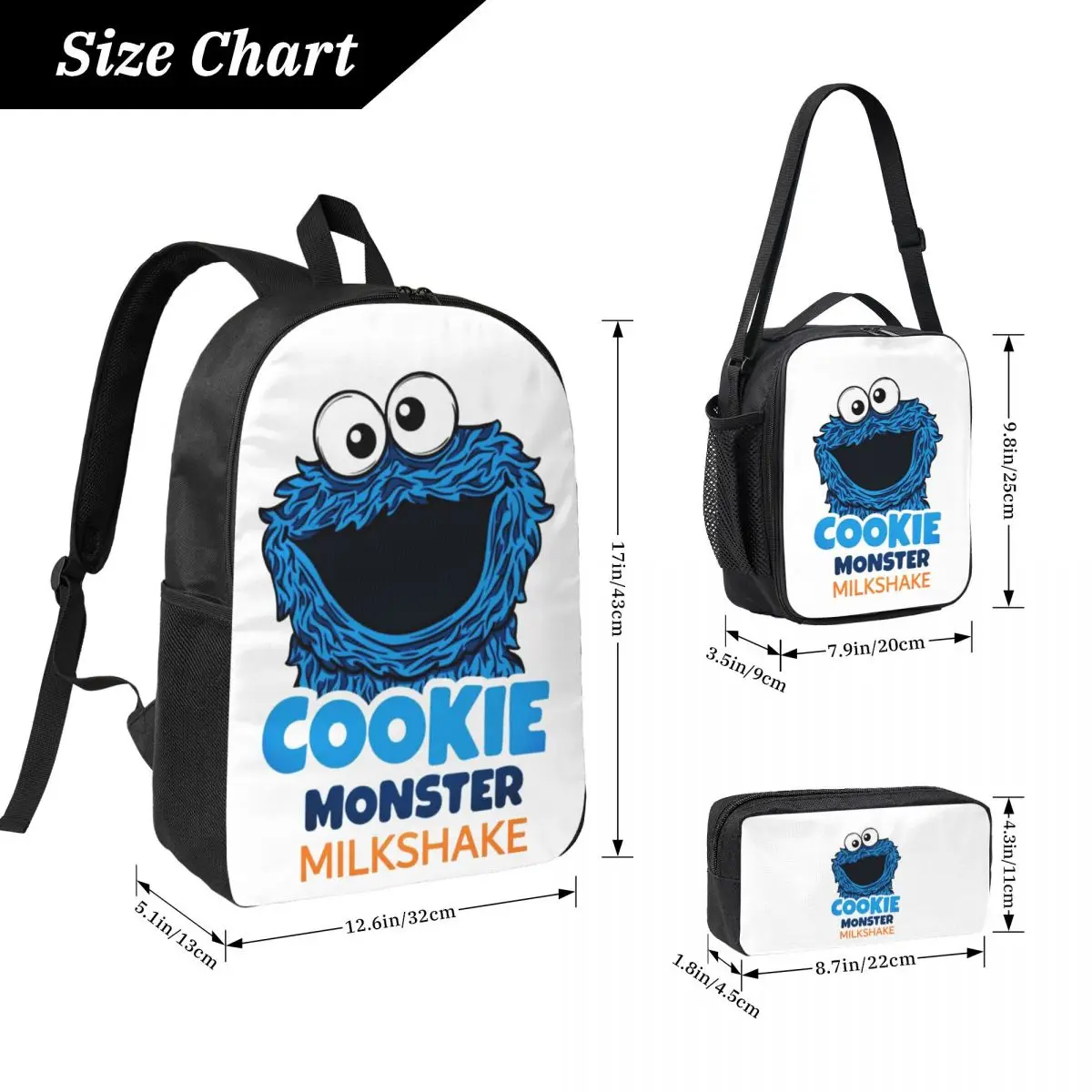Cookie Monster Backpack Student Boys Girls BookBag School Bag Laptop Shoulder Bags 3ps Insulated Lunch Bag Pencil Case