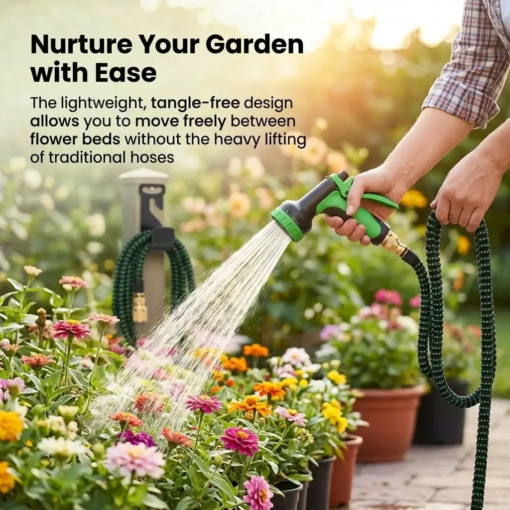 100FT Heavy-Duty Garden Rubber Hose With 10 Function Nozzle, Heavy-Duty Super Strong Solid Brass Fittings, Outdoor Water Hose, Car Wash Water Pipe, Courtyard Watering, Pet Shower, Smooth Hose Design, Durable Material.