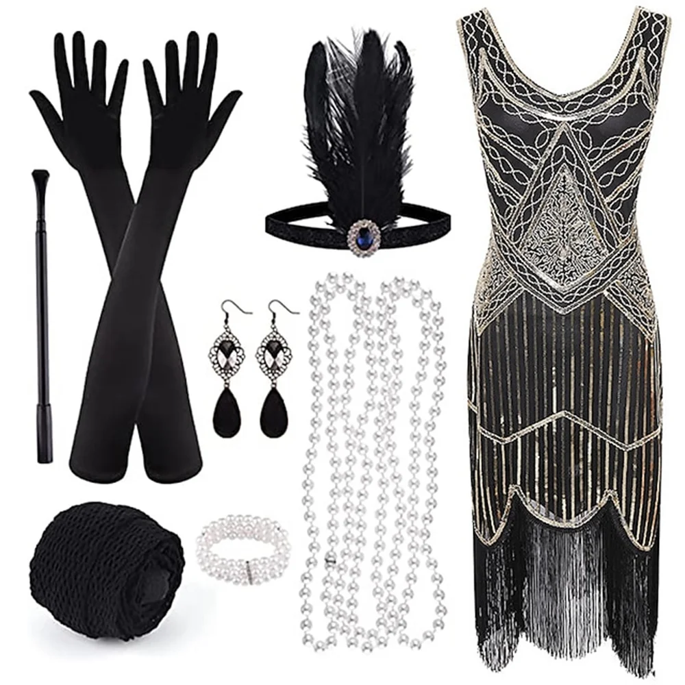 Imagem -03 - Vestido de Noite Feminino com Franja de Lantejoulas Franja Traje Retrô Flapper o Grande Gatsby Headband Anos 20 1920