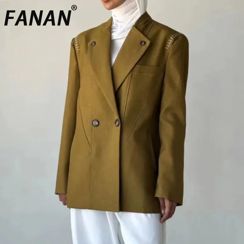 

FANAN Elegant Contrast Color Blazers Women's Lapel Double Breasted Long Sleeve Office Lady Jackets Female Coats 2025 Autumn New