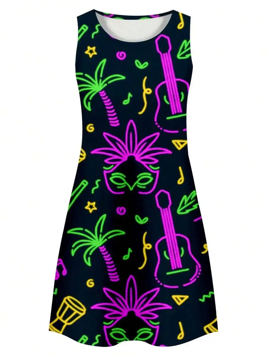 

Women Neon Palm Tree Guitar Mask Print Sleeveless Dress Summer Party Beach Vacation Outfit