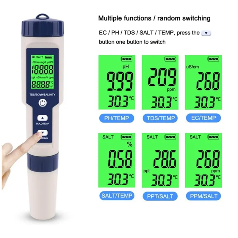 スイミングプール用の防水塩テスター,デジタル塩分計,高精度,塩水テストキット,ip67,5 in 1