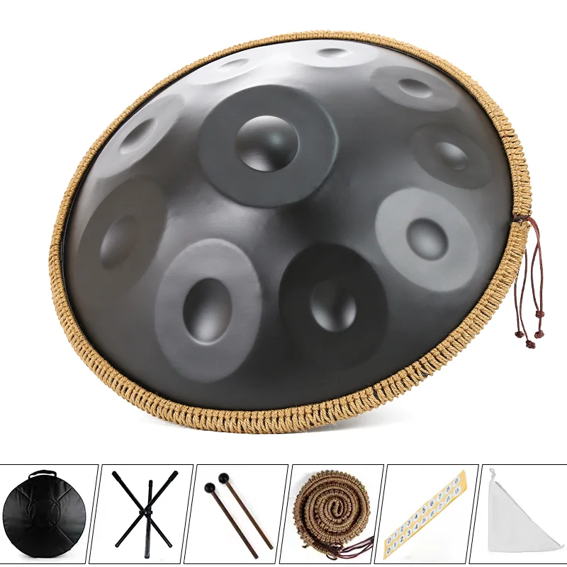 Handpan Drum 22-Inch 10 Notes D Minor 110-Note 440Hz Adult Steel Hand Drums(Black) With Drum Bag, Hand Drum Stand,Music Note